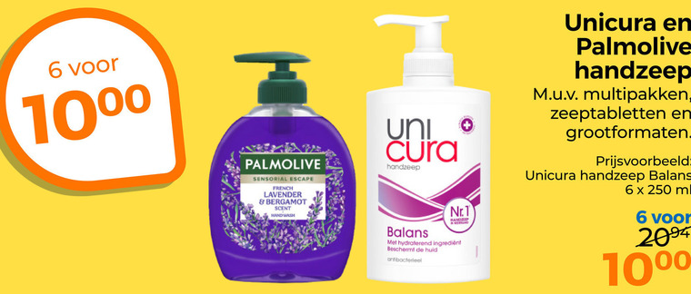 palmolive unicura handzeep 6 250 1000 hr2094 escape french lavender bergamot scent hand wash uni cura nr.1 land balans hydraterend ingredient beschermt huid antibacterieel multipakken zeeptabletten grootformaten ml 10 folder aanbieding bij Trekpleister Palmolive handzeep folder aanbieding bij Trekpleister - details