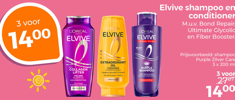 elvive shampoo conditioner 3 8 100 200 paris collagen lifter volume zichtbaar voller haar dun plat color vive bond repair ultimate booster extraordinary oil voedende marula camellia olien weken voeding droog purple anti gele zilver care ml folder aanbieding bij Trekpleister Elvive shampoo, conditioner folder aanbieding bij Trekpleister - details