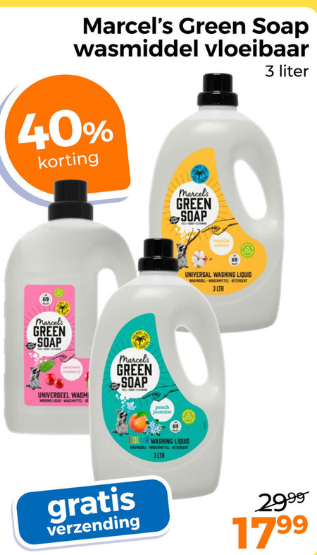 marcels green soap wasmiddel 3 40 vloeibaar liter cranberry washing love peach jasmine color liquid verzending vanilla cotton universal waschmittel folder aanbieding bij Trekpleister Marcels Green Soap wasmiddel folder aanbieding bij Trekpleister - details