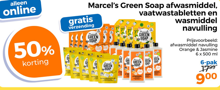 marcels green soap vaatwasmiddel afwasmiddel wasmiddel 6 50 500 online verzending vaatwastabletten flat orange jasmine allen ms dap afwas navulling ml pak folder aanbieding bij Trekpleister Marcels Green Soap vaatwasmiddel, afwasmiddel folder aanbieding bij Trekpleister - details
