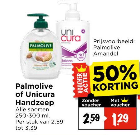 unicura palmolive handzeep 50 voucher uni soorten ml stuk balans amandel folder aanbieding bij Vomar Palmolive handzeep folder aanbieding bij Vomar - details