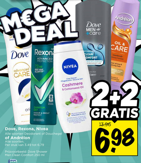 andrelon nivea dove rexona shampoo douchegel deodorant 2 250 mega deal 3x protect advanced care protection body heat men clean hr nourishing oil conditioner oor droog haar quantum dry odour sweat core shower pflegedusche douche cashmere soorten stuk comfort ml vitamins oils 6 folder aanbieding bij Vomar Rexona deodorant, shampoo folder aanbieding bij Vomar - details