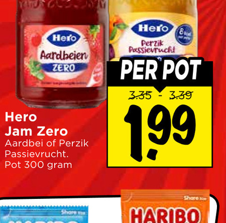 hero jam 300 aardbeien zero aardbei perzik passievrucht pot share haribo folder aanbieding bij Vomar Hero jam folder aanbieding bij Vomar - details
