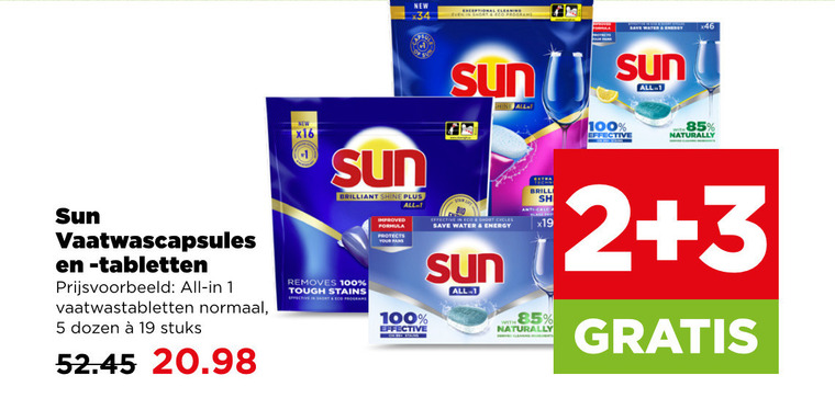 sun vaatwasmiddel 1 2 3 5 19 100 new cleaning eco save water energy x46 brilliant shine improved formula protects all effective short with naturally vaatwascapsules tabletten vaatwastabletten normaal dozen stuks removes tough stains folder aanbieding bij Plus Sun vaatwasmiddel folder aanbieding bij Plus - details
