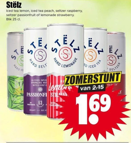 stelz hard seltzer 25 250 iced tea lemon peach raspberry passionfruit lemonade strawberry blik alcohol sparkling with hint karbonade l natur sweeteners ml folder aanbieding bij Dirk Stelz hard seltzer folder aanbieding bij Dirk - details