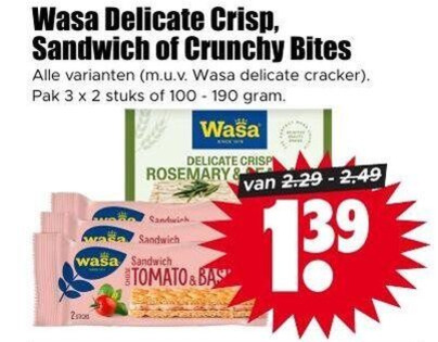 knackebrod 2 3 100 wasa delicate crisp sandwich crunchy bites cracker pak stuks rosemary tomato folder aanbieding bij Dirk