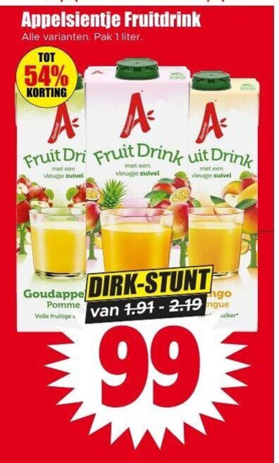 appelsientje fruitdrank 1 fruitdrink pak liter aaa fruit drink vleugje zuivel pomme volle go folder aanbieding bij Dirk Appelsientje fruitdrank folder aanbieding bij Dirk - details