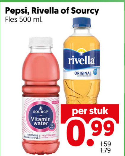 rivella pepsi sourcy cola frisdrank 500 fles ml original vitamin water framboos granaatappel stuk folder aanbieding bij Dekamarkt Pepsi frisdrank, cola folder aanbieding bij Dekamarkt - details