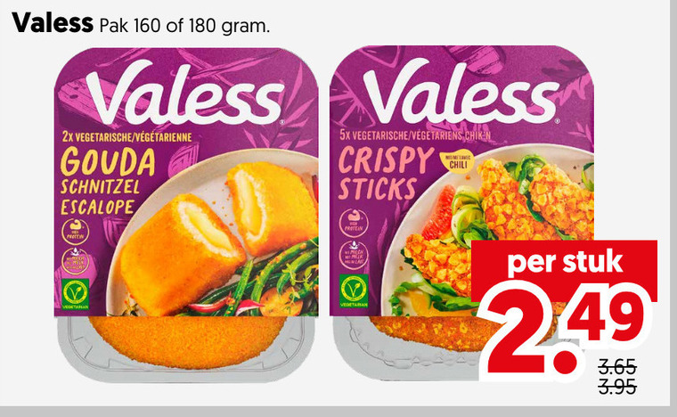 valess vegetarisch 160 180 pak 2x vegetarische gouda schnitzel escalope 5x crispy sticks chili vegetarian stuk folder aanbieding bij Dekamarkt Valess vegetarisch folder aanbieding bij Dekamarkt - details