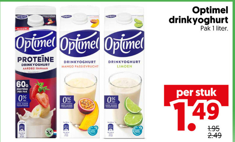 optimel drinkyoghurt 1 aardbei banaan proteine pak suiker mango passievrucht limoen liter stuk folder aanbieding bij Dekamarkt Optimel drinkyoghurt folder aanbieding bij Dekamarkt - details