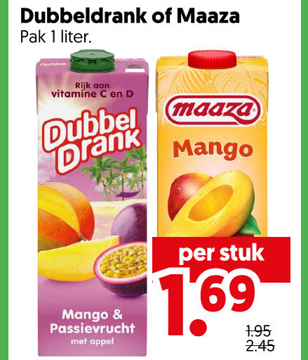 maaza dubbeldrank fruitdrank 1 pak liter rijk vitamine dubbel drank mango passievrucht appel stuk folder aanbieding bij Dekamarkt Dubbeldrank fruitdrank folder aanbieding bij Dekamarkt - details