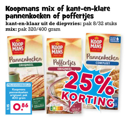 koopmans pannenkoekenmix 25 400 mix kant pannenkoeken poffertjes klaar diepvries pak 8 32 stuks 320 mans origineel folder aanbieding bij Boons Markt Koopmans pannenkoekenmix folder aanbieding bij Boons Markt - details