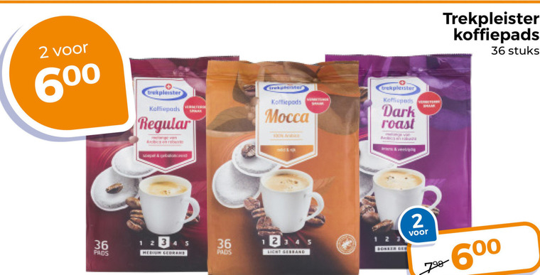 trekpleister huismerk koffiepads 1 2 3 4 5 23 36 45 100 600 regular mocca dark roast stuks pads be 6 folder aanbieding bij Trekpleister Trekpleister Huismerk koffiepad folder aanbieding bij Trekpleister - details