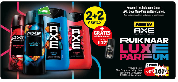 axe douchegel deodorant 2 4 kruidvat indigo cherry mini t.w.v. assortiment dove men care rexona geschenksets multipakken grootformaten new fine fragrance collection luxe parfum haze bodyspray folder aanbieding bij Kruidvat Axe deodorant, douchegel folder aanbieding bij Kruidvat - details