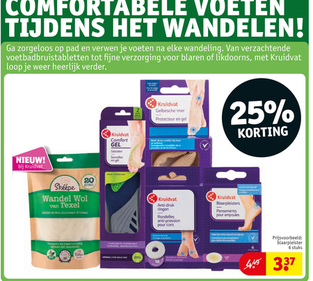 voetverzorging blaarpleisters 2 6 18 20 25 voeten wandelen pad verwen wandeling verzachtende voetbadbruistabletten fijne verzorging blaren likdoorns kruidvat loop weer wandel wol texel comfort gel protecteur anti druk ringen pression pour ampoules blaarpleister stuks folder aanbieding bij Kruidvat