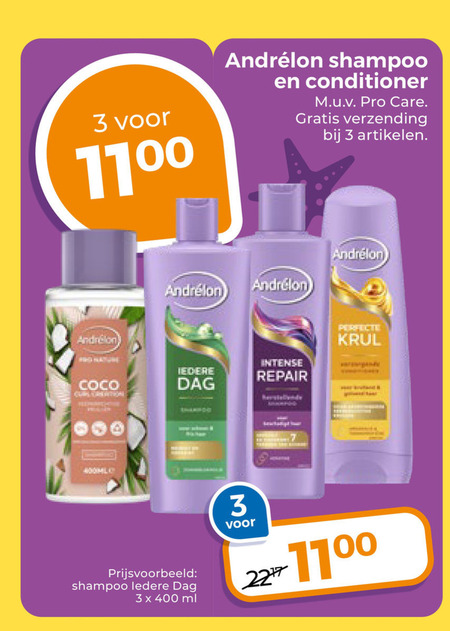 andrelon shampoo conditioner 3 400 pro care verzending artikelen intense krul repair coco dag iedere ml folder aanbieding bij Trekpleister Andrelon shampoo, conditioner folder aanbieding bij Trekpleister - details