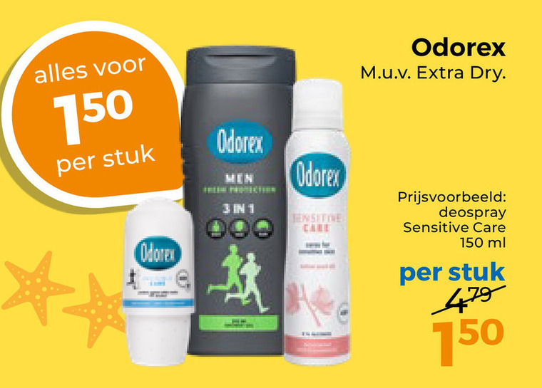 odorex deodorant douchegel 1 3 150 stuk men protection sensitive care dry deospray ml folder aanbieding bij Trekpleister Odorex deodorant, douchegel folder aanbieding bij Trekpleister - details