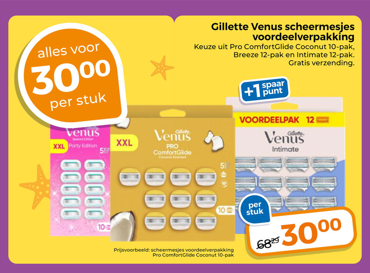 gillette scheermesjes 5 10 12 stuk venus edition xxl party pro coconut pak breeze intimate spaar punt verzending folder aanbieding bij Trekpleister Gillette scheermesjes folder aanbieding bij Trekpleister - details