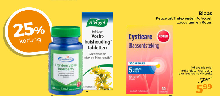 voedingssupplement 5 25 30 60 blaas trekpleister vogel lucovitaal roter cranberry a.vogel solidago vocht huishouding tabletten nier blaasfunctie cysticare blaasontsteking capsules kuur medisch hulpmiddel stuks folder aanbieding bij Trekpleister