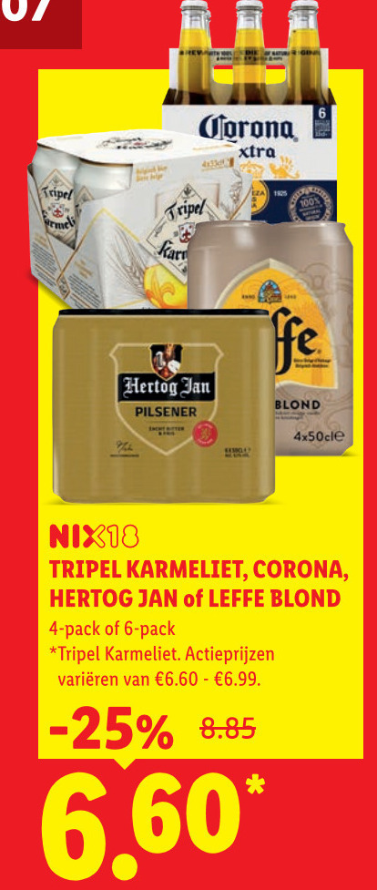 karmeliet hertog jan corona leffe blikjes bier speciaalbieren 4 6 tripel pilsener blond l nix18 pack varieeren folder aanbieding bij Lidl Hertog Jan blikje bier, speciaalbier folder aanbieding bij Lidl - details