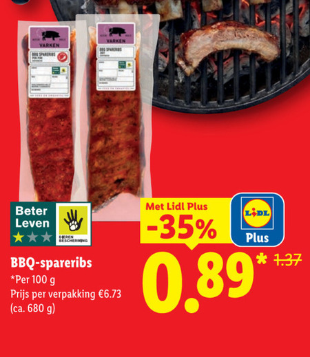 spareribs 100 varken beter leven dieren bescherming bbq ca. folder aanbieding bij Lidl