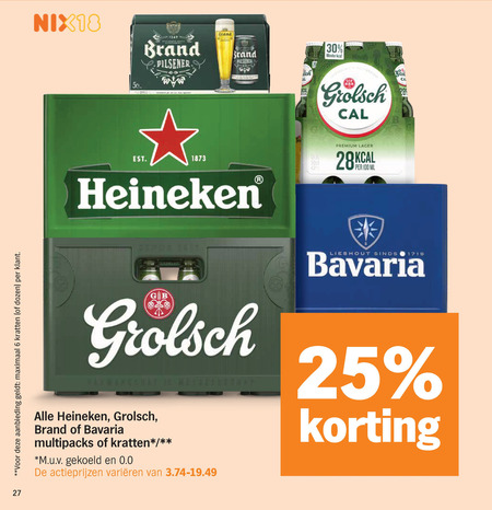 grolsch heineken bavaria brand krat bier 5 6 18 25 27 28 30 100 pilsener minder premium ml aanbieding maximaal kratten dozen lieshout b multipacks m.u.v gekoeld 0.0 varieeren folder aanbieding bij Albert Heijn Heineken krat bier folder aanbieding bij Albert Heijn - details