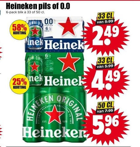 heineken 0.0 blikjes bier 6 25 33 50 pils pack blik 5.99 nek original 5 96 folder aanbieding bij Dirk Heineken 0.0 blikje bier folder aanbieding bij Dirk - details