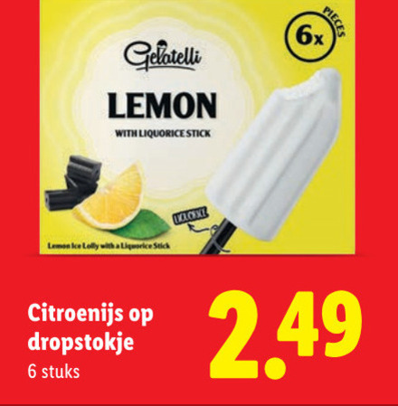 waterijs 6 gelatelli lemon with liquorice stick ice lolly citroenijs stuks pieces 6x folder aanbieding bij Lidl