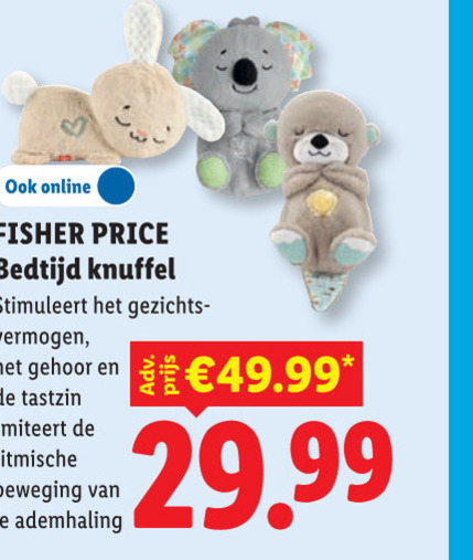 pluche en knuffels online fisher price bedtijd knuffel stimuleert gezichts vermogen tastzin ritmische ademhaling folder aanbieding bij Lidl