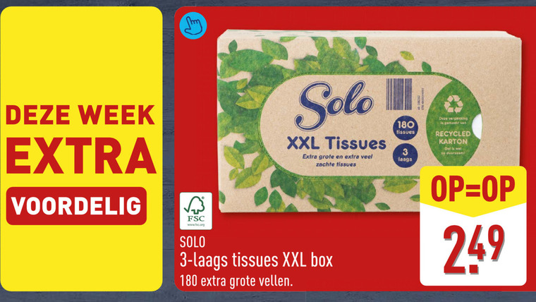 solo tissues 3 180 week fsc www.fsc.org xxl zachte box vellen gemaakt recycled karton folder aanbieding bij Aldi Solo tissue folder aanbieding bij Aldi - details