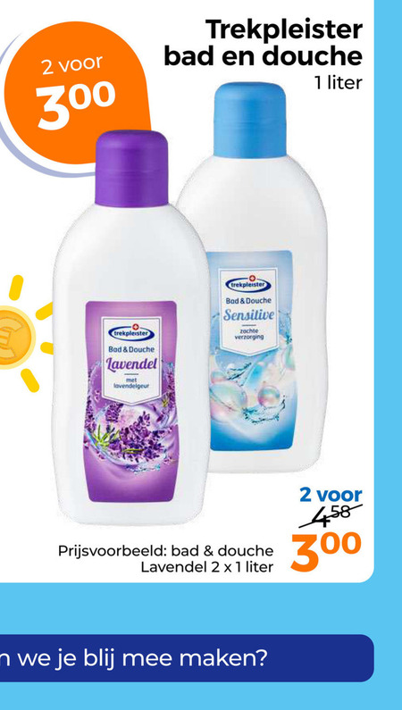 trekpleister huismerk douchegel 1 2 300 bad douche liter lavendel lavendelgeur sensitive zachte verzorging folder aanbieding bij Trekpleister Trekpleister Huismerk douchegel folder aanbieding bij Trekpleister - details