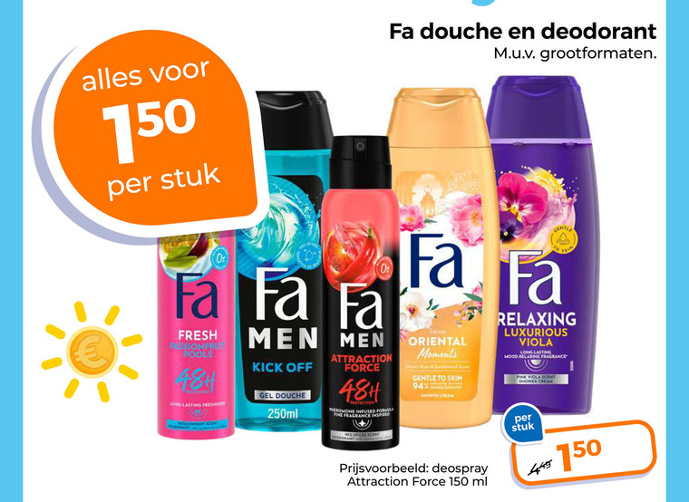 fa douchegel deodorant 150 stuk douche grootformaten gentle fresh pools lasting freshness cent men kick off gel 250ml attraction force protection infused formula fine fragrance inspired sense oriental moments to skin ingredients shower cream relaxing luxurious viola mood pink scent red spices deospray ml folder aanbieding bij Trekpleister Fa deodorant, douchegel folder aanbieding bij Trekpleister - details