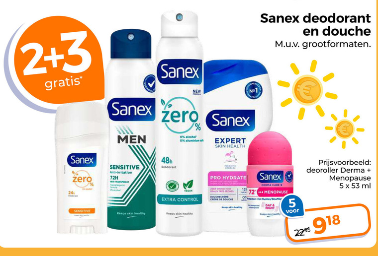 sanex deodorant douchegel 1 2 3 5 24 zero men sensitive anti irritation 72h transpirant new formula alcohol aluminium sa expert skin health complex douche grootformaten control keeps healthy pro had la peaux tres douchecreme creme derma care menopause hot day night deoroller ml folder aanbieding bij Trekpleister Sanex deodorant, douchegel folder aanbieding bij Trekpleister - details