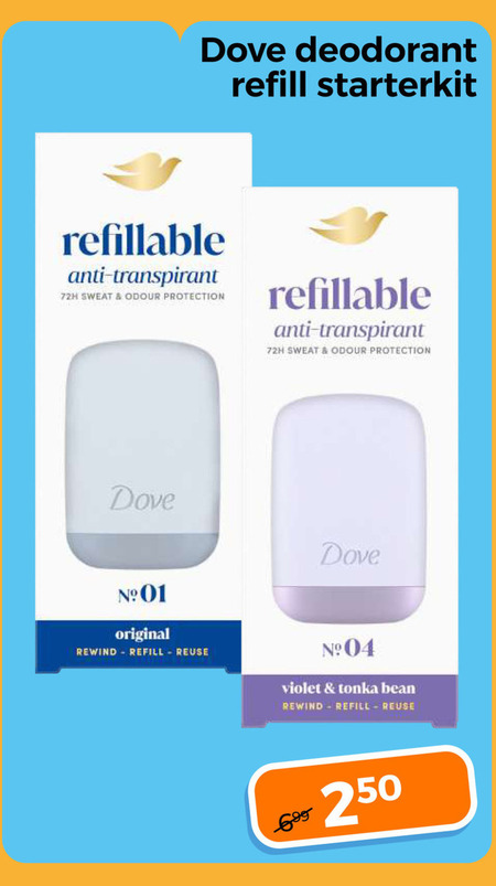 dove deodorant 250 starterkit anti transpirant 72h sweat odour protection original rewind violet tonka bean folder aanbieding bij Trekpleister Dove deodorant folder aanbieding bij Trekpleister - details