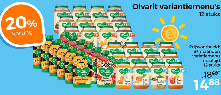 olvarit babyvoeding 1 8 12 17 20 1860 stuks r burritos apple banana strawberry wortel pompoen kip kin ham aardappel macaron maanden variatiemenu maaltijd folder aanbieding bij Trekpleister Olvarit babyvoeding folder aanbieding bij Trekpleister - details