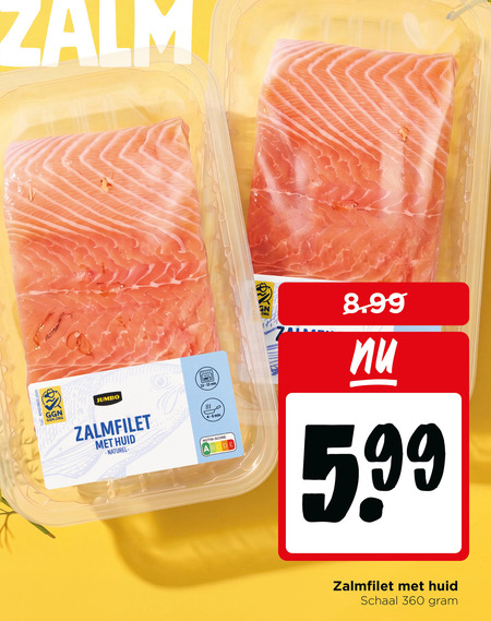zalmfilet 180 360 zalm jumbo min huid naturel nutri score 5.99 schaal folder aanbieding bij Jumbo