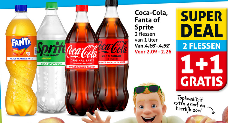 sprite fanta coca-cola cola frisdrank 1 2 orange meals coca lemon lime natural flavours beat spicy food original taste refreshing zero sugar calories flessen liter super deal zoet folder aanbieding bij Hoogvliet Sprite cola, frisdrank folder aanbieding bij Hoogvliet - details