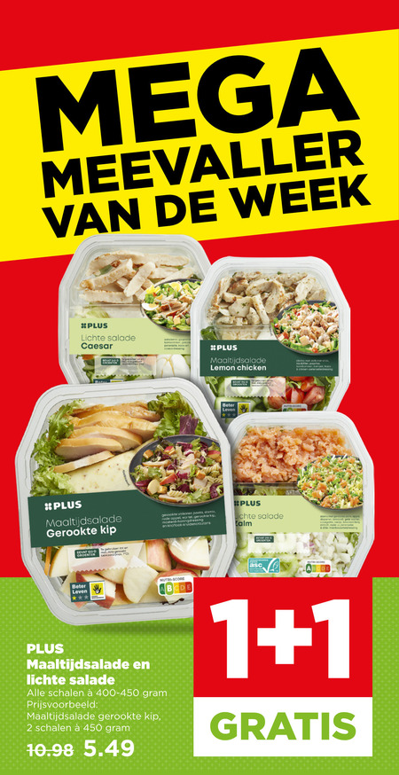 maaltijdsalade 1 2 450 mega meevaller week lichte salade caesar groenten gegaard komkommer gekookt lemon chicken beter gerookte kip gebruiken pc leven nutri score gekookte volkoren pasta slamix rode appel wortel mosterd honingdressing knoflook zalm doperwt broccoli gele courgette rettich b schalen folder aanbieding bij Plus