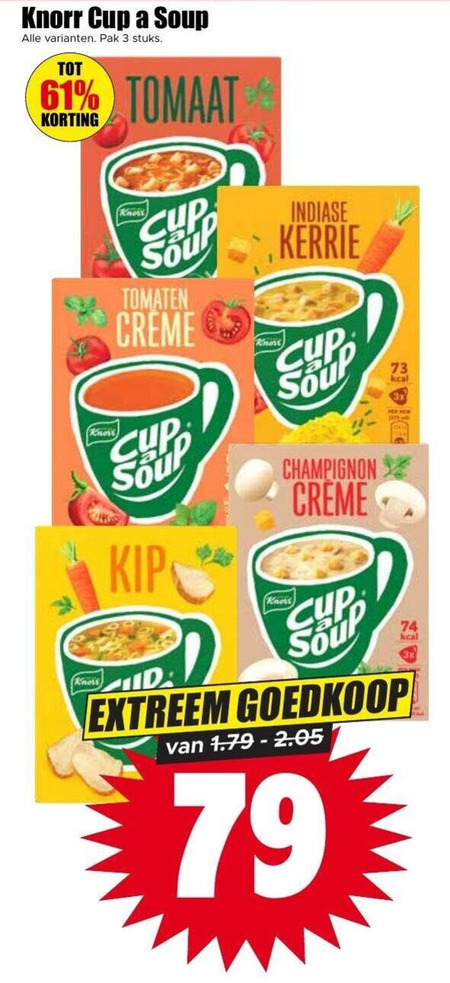 knorr cup a soup soep 3 pak stuks tomaat knows tomaten creme kip indiase kerrie champignon extreem folder aanbieding bij Dirk Cup a Soup soep folder aanbieding bij Dirk - details