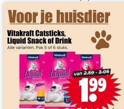 vitakraft kattensnacks 5 6 huisdier catsticks liquid snack drink pak stuks 19 folder aanbieding bij Dirk Vitakraft kattensnacks folder aanbieding bij Dirk - details