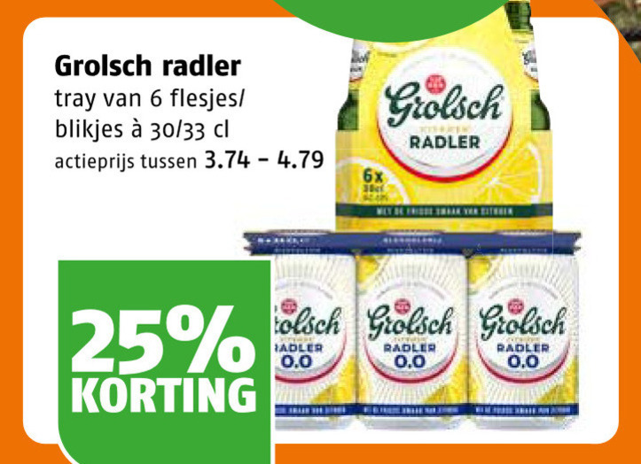 grolsch radler bier 6 25 tray blikjes 30 33 actieprijs 6x may be rear 0.0 folder aanbieding bij Poiesz Grolsch radler bier folder aanbieding bij Poiesz - details