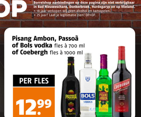 bessenjenever wodka likeur 18 25 700 1000 borrelshop pagina bad hurdegaryp vlieland jaar alcohol kansspelen legitimatie pisang ambon bols vodka fles ml coebergh passoa 12 99 folder aanbieding bij Poiesz