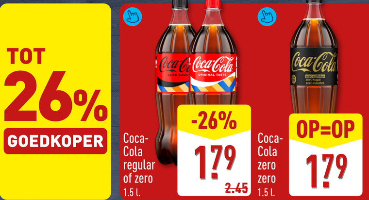 coca-cola cola 26 goedkoper regular zero l coca original taste caffeine sugar calories folder aanbieding bij Aldi Coca-Cola cola folder aanbieding bij Aldi - details