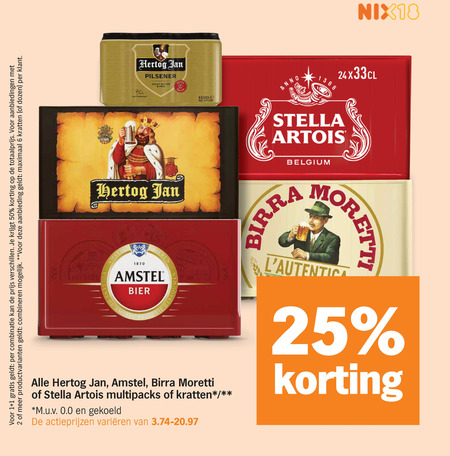 amstel stella artois hertog jan birra moretti krat bier 1 2 6 25 50 1870 combinatie productvarianten combineren aanbieding maximaal kratten dozen pilsener zacht bitter all anno nix18 belgium bieren multipacks gekoeld varieeren folder aanbieding bij Albert Heijn Amstel krat bier folder aanbieding bij Albert Heijn - details