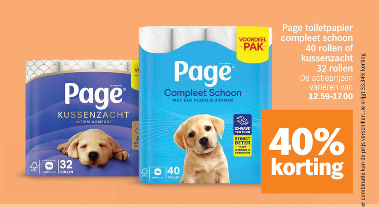 page toiletpapier 32 40 kussenzacht comfort pc voordeel schoon rollen varieeren vleugje katoen fsc 3d wave textuur reinigt beter minder gebruiken combinatie folder aanbieding bij Albert Heijn Page toiletpapier folder aanbieding bij Albert Heijn - details