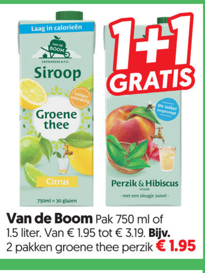 van de boom fruitdrank 1 2 30 750 laag co. siroop groene thee suiker citrus 750ml glazen perzik hibiscus vleugje zuivel pak ml liter pakken folder aanbieding bij Dekamarkt Van de Boom fruitdrank folder aanbieding bij Dekamarkt - details