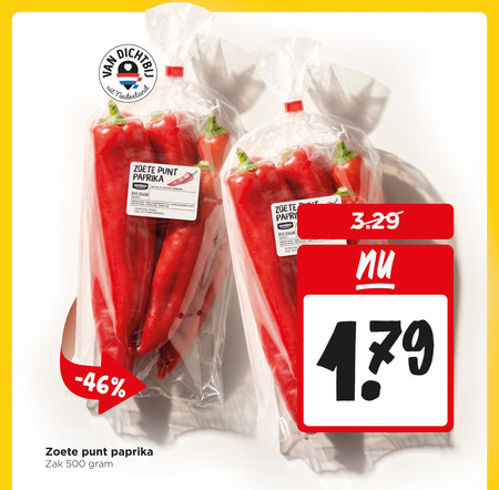 puntpaprika 60 500 nederland zoete punt paprika jumbo klasse buiten koelkast verpakt supermarkten antwoordnummer oorsprong spanje zak folder aanbieding bij Jumbo