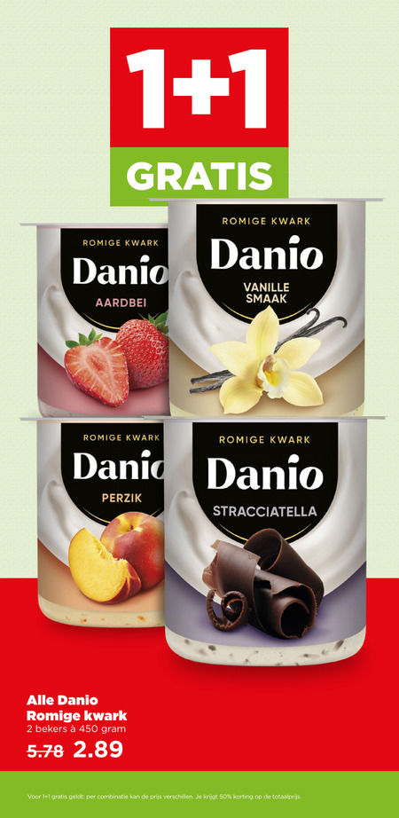 danone danio kwark 1 2 50 450 romige aardbei vanille dani perzik stracciatella bekers combinatie folder aanbieding bij Plus Danone Danio kwark folder aanbieding bij Plus - details