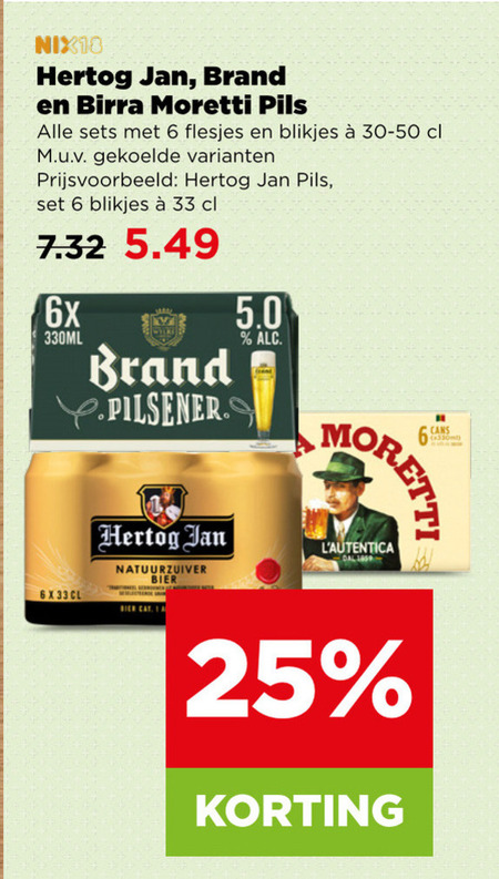 brand birra moretti hertog jan blikjes bier 6 25 33 pils 6x 330ml pilsener natuurzuiver folder aanbieding bij Plus Birra Moretti blikje bier folder aanbieding bij Plus - details
