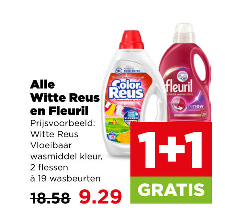 fleuril witte reus color wasmiddel 1 2 19 vloeibaar kleur flessen wasbeurten folder aanbieding bij Plus Witte Reus wasmiddel folder aanbieding bij Plus - details